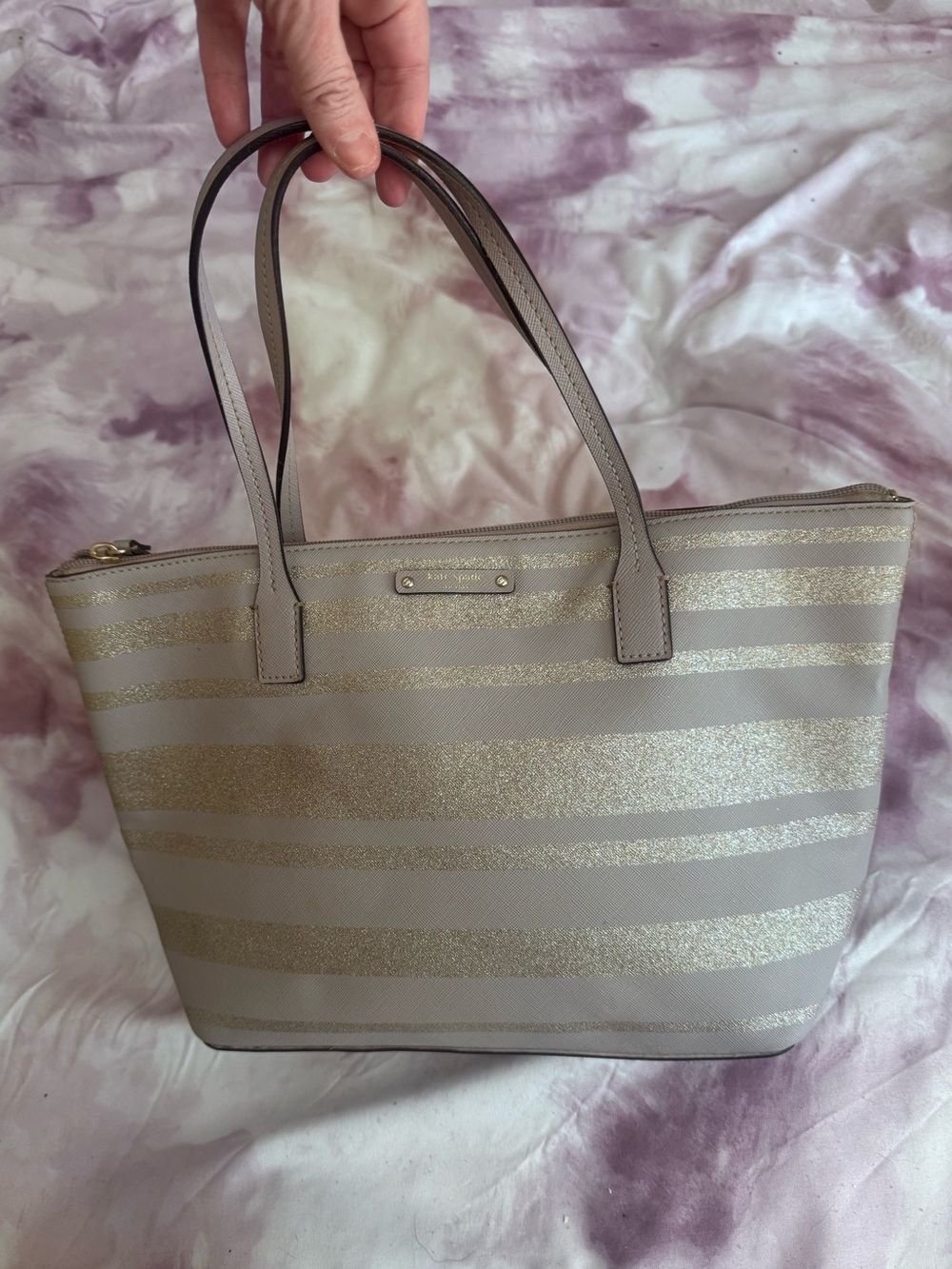 kate spade grey and silver glitter medium striped tote